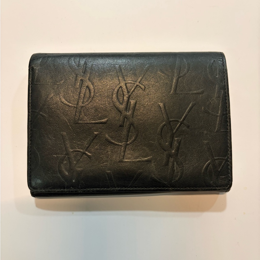 Vintage YSL Embossed Monogram Leather Wallet Black - AUTHENTIC